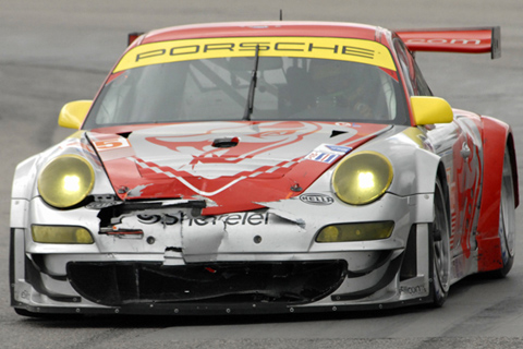 Damaged Front of Flying Lizard Porsche 911 RSR Driven by Jorg Bergmeister and Patrick Long