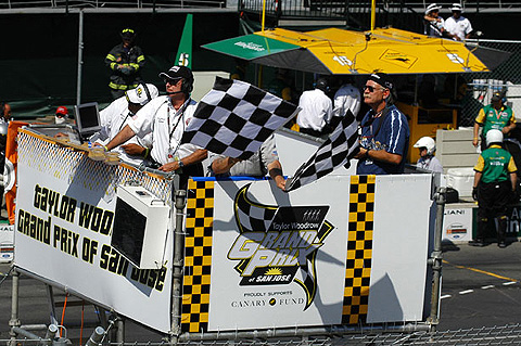 Double Checkered Flags Wave From Grandstand